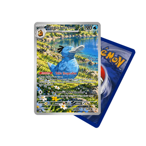 Enton ohne Kopfschmerz Pokémon Custom Card am blühenden See mit Pokémon-Kartenrückseite