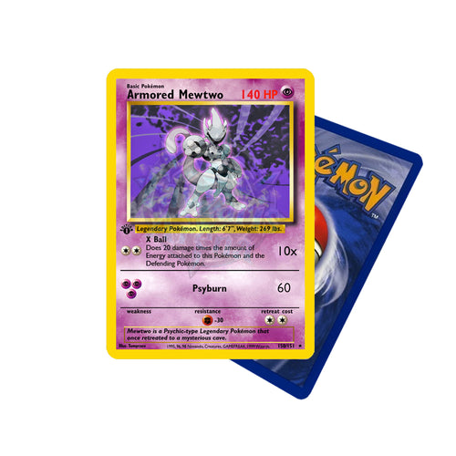 Armored Mewtwo Mewtu Pokémon Custom Card mit Rüstung vor lila Energie und Pokémon-Kartenrückseite